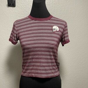 Gypsy Warrior Burgundy and White Striped Short Sleeve Crop Top W Skull Patch XS